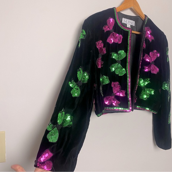Vintage Black Velvet Sequined Beaded Bows Open Front Cropped Jacket - Picture 2 of 9